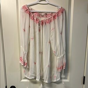 Nougat London White and Red Ruffled 3/4 Sleeve sheer tunic